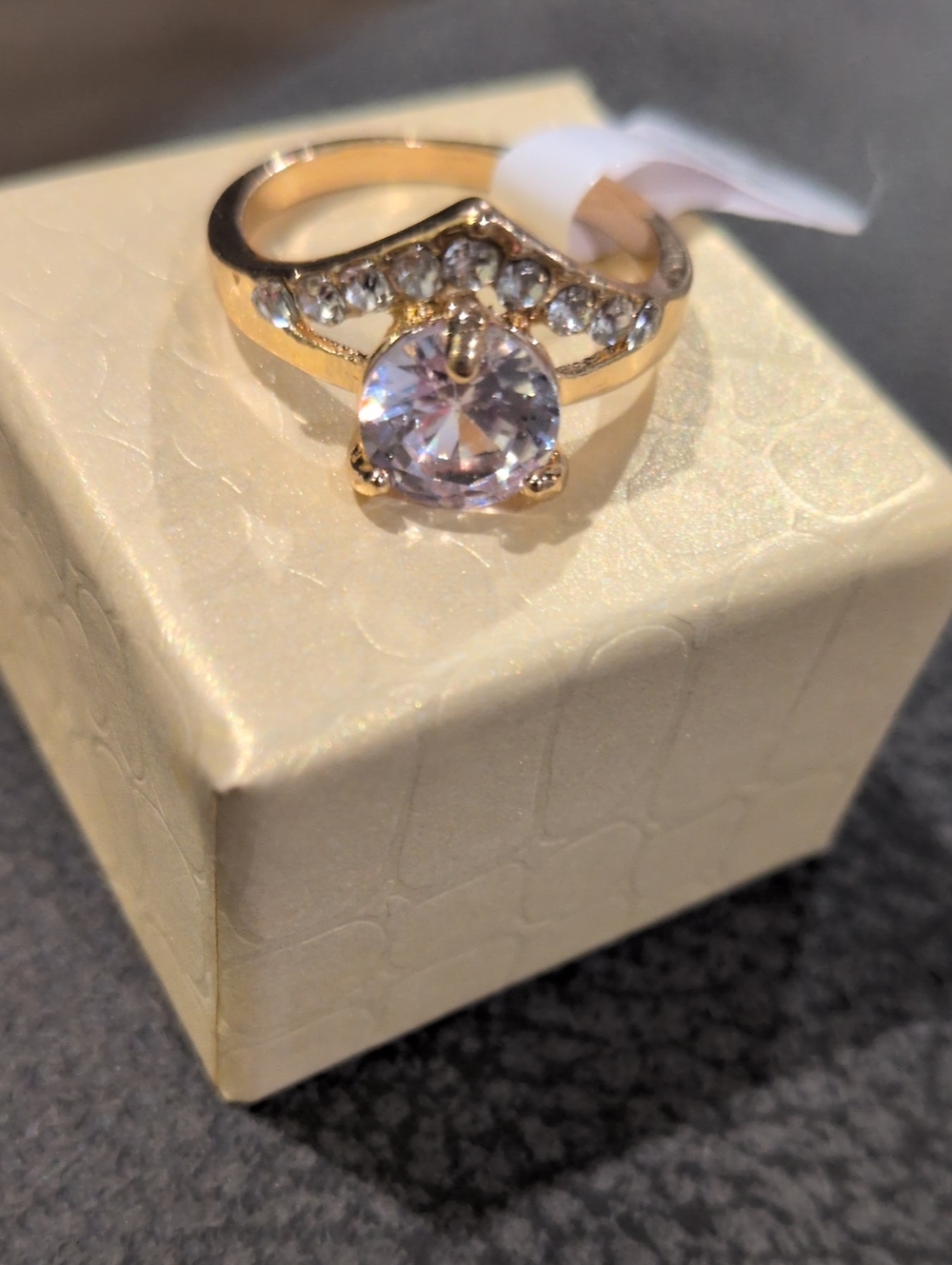 Gold-Tone Ring w Clear Center Stone and Clear Accent Stones